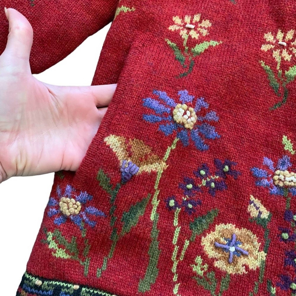 Icelandic Designs Wool Floral Zip-Front Cardigan Sweater - Red - Picture 8 of 9